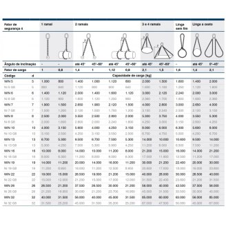 Tabela de cargas para lingas em Grau 5 - Inox